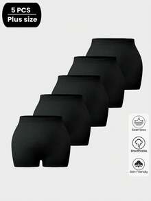 5 Packs Black Plus Size Women's Seamless Comfort Barrier Underskirt Safety Shorts For Everyday Use, Athletic Boxer Shorts - Black - View 5