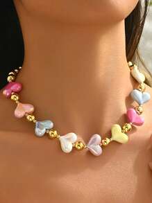 1pc Women's - Dopamine Heart Beaded With Gold Spacer Beads, Lightweight Daily Jewelry, Suitable For Party, Festival And Gift, Bohemian Jewelry