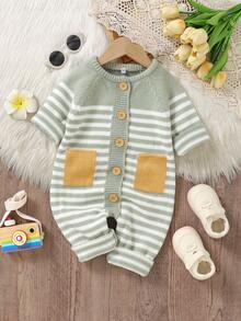 New Striped Knit Long Sleeve Jumpsuit For Infants And Toddlers - Green - View 2