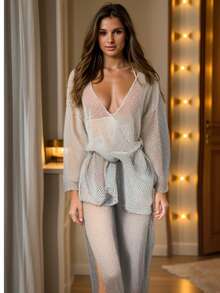 Women's Fishnet Cut-Out Beach Cover-Up Set - 2pcs With Adjustable Waist Tie - White - View 1