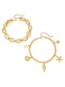 2pcs/Set Fashionable Ocean Themed Metal Starfish, Seashell, Seashell Decor Anklets, Suitable For Women Everyday Wear Or Beach Vacation