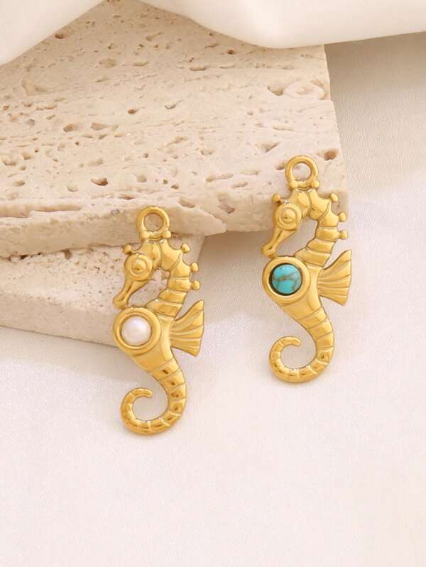2pcs Stainless Steel Ocean Seahorse Pendant Findings 18K Gold Plated Pearl Turquoise Stone Charms For DIY Jewelry Making Supplies Accessories