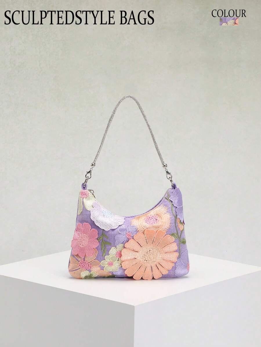 1 件女士飘逸刺绣网眼花卉腋下单肩包，优雅适合日常通勤、夏季海滩旅行和度假（花卉图案随机发送）