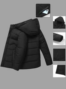 男士户外休闲运动夹克，大口袋和可拆卸兜帽设计，加厚保暖衬里，适合送给男朋友、丈夫、父亲，秋冬季 - 黑色 - 查看 6