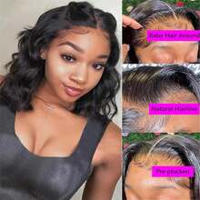 Short Bob Wigs Human Hair 13x6 Lace Front Wigs Human Hair Pre Plucked Wigs For Black Women Short Glueless Wig Body Wave Lace Front Human Hair Wig Beginners Friendly 250% Density - Natural Black - 查看 4