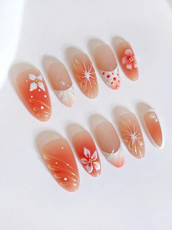 10pcs/Set Summer Y2K Style Handmade Press On Nails 3D Almond Press On Nails With Pearls,Flowers.Suitable For Women And Girls,Party,Daily Wear