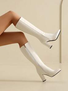 Women's Autumn Winter Thick Heel Pointed Toe Side Zipper Knee-High Boots, Fashionable High Heels - White - View 1