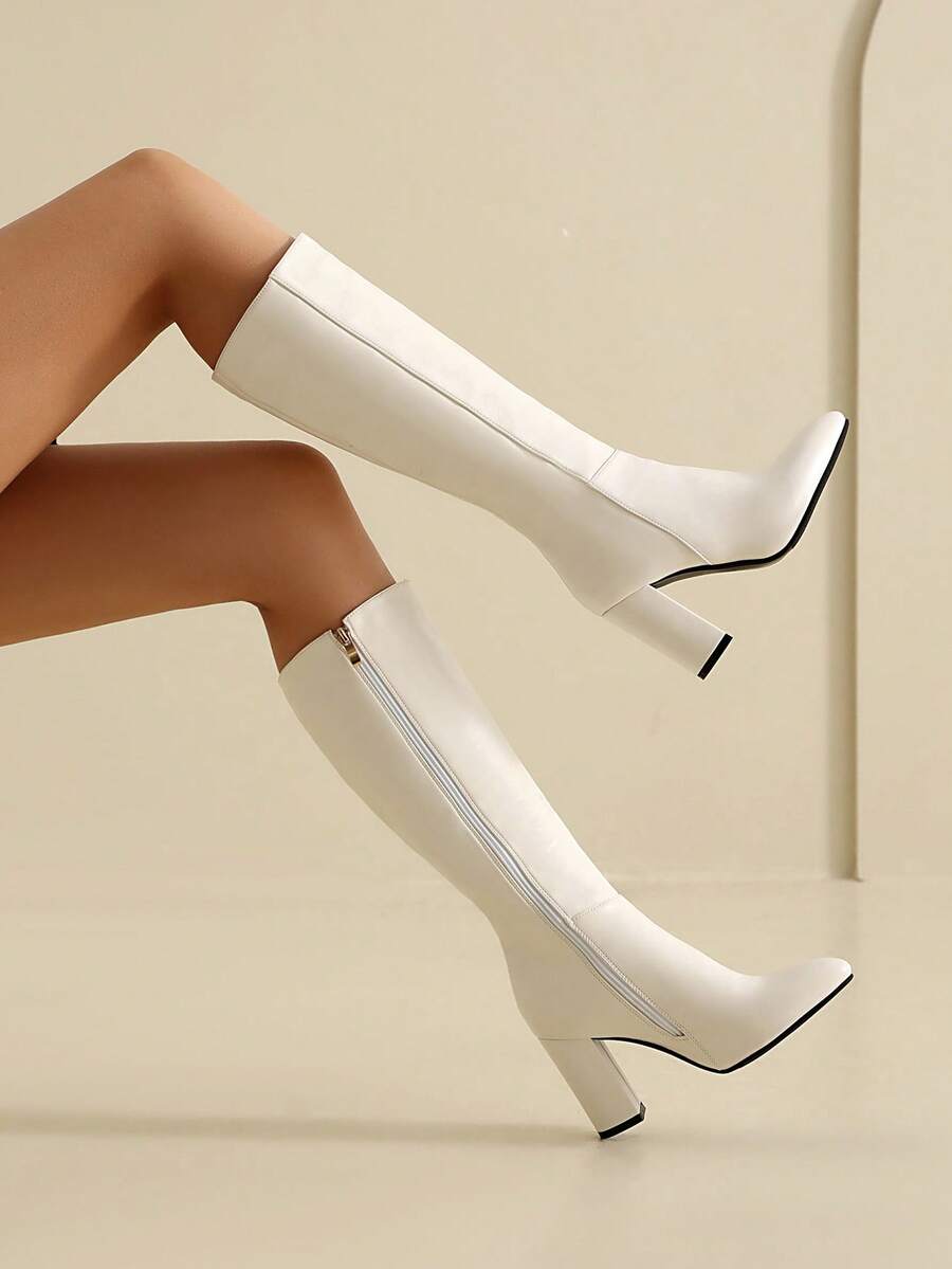 Women's Autumn Winter Thick Heel Pointed Toe Side Zipper Knee-High Boots, Fashionable High Heels - White - View 1