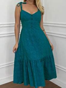 MIDI DRESS WITH TIES ON THE STRAPS IN LAISE - Teal Blue - View 3