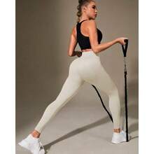 Plain Ribbed Leggings Polyamide Double Waist Textured Ribbed Leggings Evening Daily Birthday Party Sports & Fitness Airport Clothing Travel Formal & Evening Holiday - Màu be - Xem 5