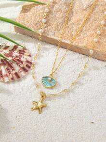 1件双层珍珠、海星和贝壳吊坠项链，设计优雅，适合女性，沙滩派对礼物 - 白色 - 查看 4