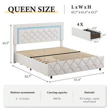 Twin/ Full/ Queen Bed Frame With Drawers, Upholstered Bed Frame With LED Lights, Modern Platform Bed Frame With Headboard And Footboard, Diamond Tufted Design, No Box Spring Needed, White/ Pink/ Black/ Purple/ Yellow (Twin Size 2 Drawers/ Other Size 4 Drawers) * Bed Frame Queen Bed Frame Bed Queen Bed Frame King Bed Frame Bedroom Furniture Bed Frame Full Full Size Bed Frame Twin Bed Frame Beds Cozy Bedroom Home Bedroom Refresh Room Decor Home Decor Christmas Decor Bedroom Decor Valentine Day Decor Storage Living Room Decor Furniture House Decor Halloween Decorations  ( USB LED Strip) - White - View 9
