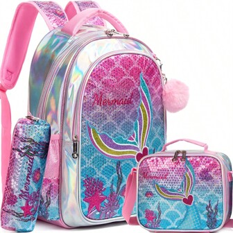 3PCS Colorful Mermaid Tail School Backpack Shoulder Backpack Back To School Bookbag Student Bookbag