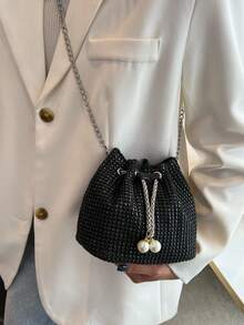1 件时尚纯色链条带迷你水桶斜挎包，银色水钻优雅宴会风格闪亮珍珠金属链轻质抽绳水桶斜挎包，适合女性晚会、日常场合、夜总会、购物、化妆品收纳、时尚单品 - 黑色 - 查看 7