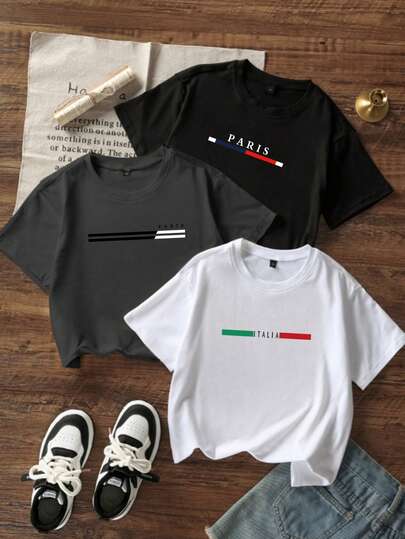 3st/set Pojkar och tonåringar Casual tryckta rundhalsade kortärmade T-shirts, sommartröjor