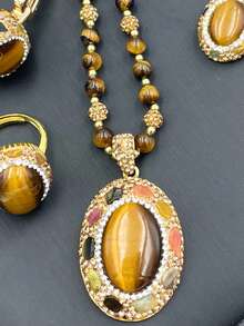 4件套天然虎眼石和东陵石水晶，优雅珍珠，简约风格，跨境电商货源