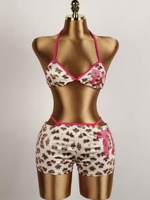 Sexy Sommer Zweiteiler mit Leoparden-Muster Farbblock, figurbetonter Passform, ärmelloser Neckholder, passende elastische Hot Pants, Strandurlaubs-Outfit für Frauen - Braun - Übersicht 1