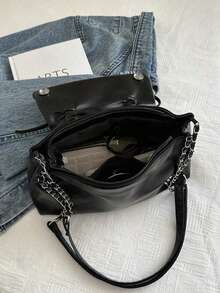 蝴蝶结装饰 1 件黑色抽绳褶蝴蝶结装饰 Pu Mate Rial 翻盖拉链单肩包，配有可调节肩带，适合日常通勤装使用，时尚蝴蝶结钱包，适合女士