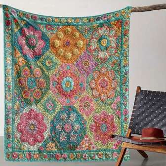 1pc Vibrant Floral Print Patchwork Throw Blanket - Soft, Cozy Flannel With Colorful Handmade Flowers On Teal Background, Perfect For Sofa, Bed, Car, Office, Camping & Travel - All-Season Gift