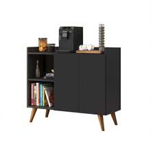 Sideboard With 2 Doors, Shelves And Solid Wood Legs – Modernist Style, Ideal For Dining Room, Kitchen Or Elegant Decor - màu đen - Xem 4