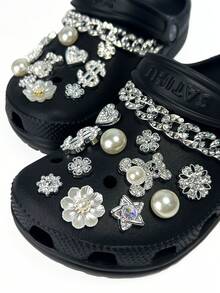 24pcs/Set Shiny Hole Shoe Charms - Teddy Bear, Pearl, Dollar Sign & Crystal Decorations, Fashionable Shoe Charm Accessories - Silver - View 6