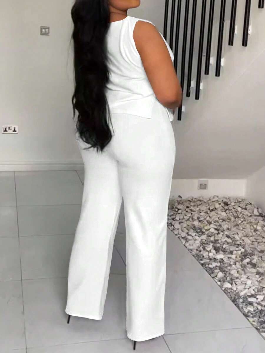 Oversized Solid Color Sleeveless Tank Top + High-Waisted Draping Wide-Leg Pants Set, Conceals Flesh And Shows Slimming Effect, Ice Silk Cool Sensation, Suitable For Summer Commuting And Leisure. - White - View 1
