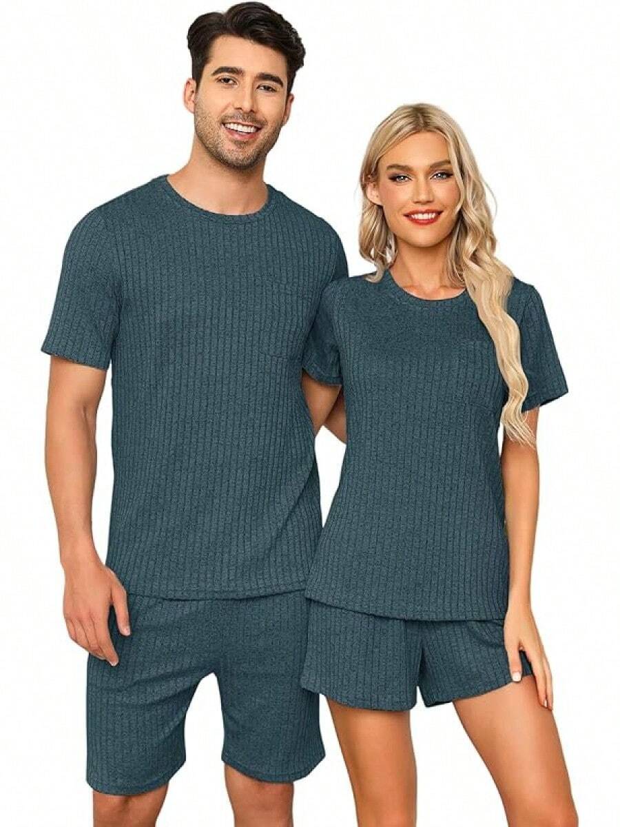 Matching Pajamas For Couples Ribbed Knit Lounge Set Soft Short Sleeve 2 Pieces Sleepwear S-XXLhalloween - 深藍色 - 查看 1