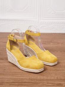 Damen Keilabsatz Sandalen, Sommer Urlaub Slip-On Runde Zehenkappe 8cm Absatz Knöchelriemen Schuhe, Komfortable geflochtene Stroh Cut Out Plateau Sandalen