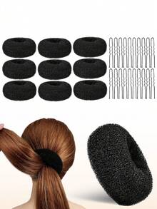 29 piezas Conjunto de accesorios para hacer moños de niña, que incluye 9 piezas de herramientas para hacer moños y 20 piezas de pasadores en forma de U - Negro - Ver 1