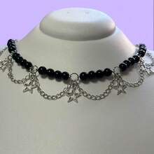 Star Choker With White Pearl Balls Punk Choker With Silver Chains - 黑珍珠 - 查看 2