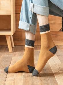 5 Pairs Men's Thickened Warm Mid-Calf Socks, Vintage Solid Color Suitable For Home, Hiking, Elderly Winter, Reinforced, Cozy