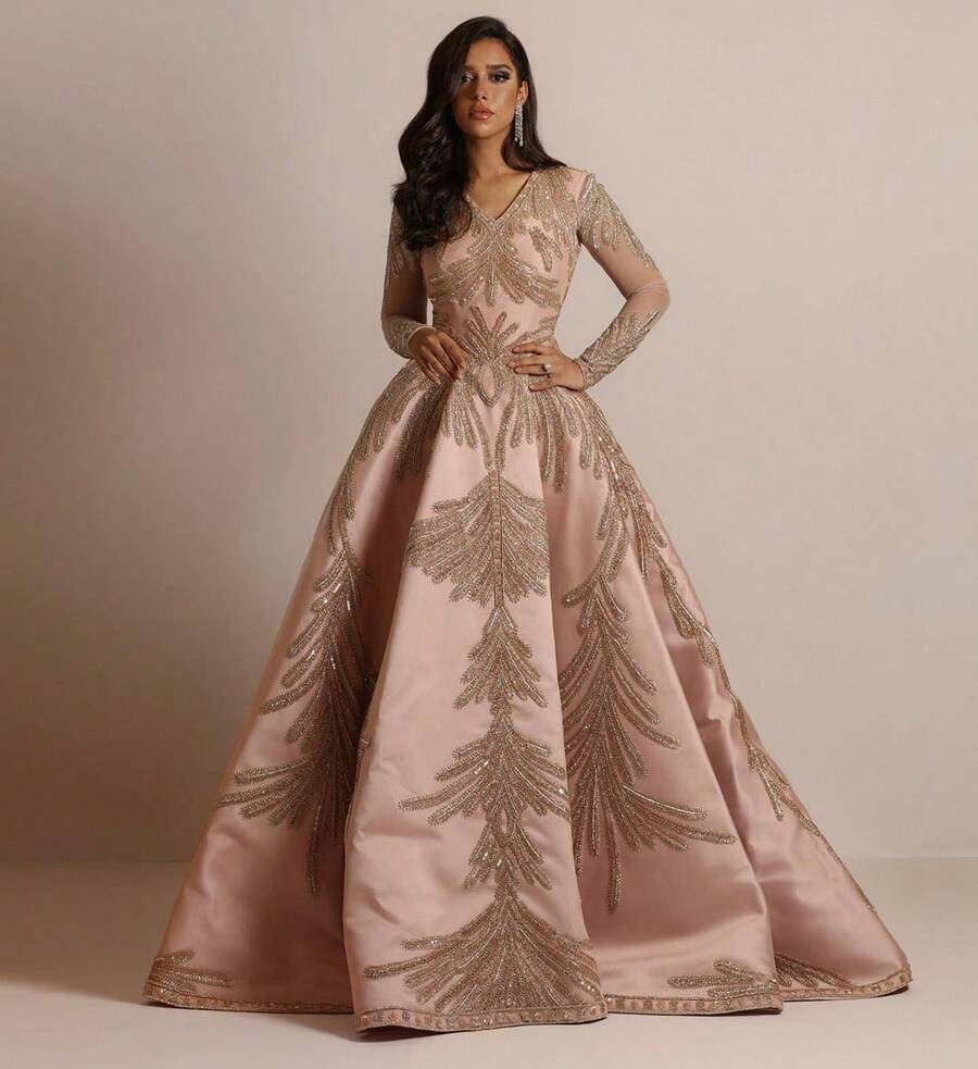 Spring New Women's Clothing Shiny Fabric Gold Stamping Long Sleeve Dress Party Sexy Evening Gown - Vàng - Xem 1