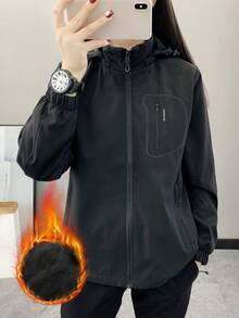 极简休闲户外软壳抓绒外套，女士款，防风防水透气保暖登山运动服，适合徒步、跑步、远足、冬季运动、滑雪等，黑色 - 黑色 - 查看 1