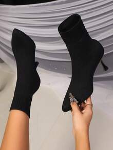 欧美风格针织弹力尖头中筒靴，高跟，酒红色，加大码，时尚女鞋 - 黑色 - 查看 6