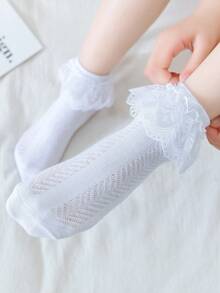 6 Pairs Girls White Double Lace Trim Princess Dancing Socks, Breathable Mesh Net Ankle Socks