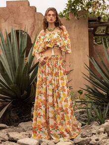 Faeriesty BohoBloom Bohemian Style Women's 2-Piece Set, Off-Shoulder Ruffle Blouse Paired With A-Line Skirt - Ideal For Casual Park Strolls, Weekend Country Getaways, Beach Walks, Picnics, And Leisure Outings With Friends - Orange - View 10