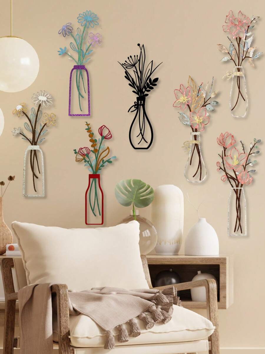 3件套金属花卉墙饰，复古镂空金属墙面装饰 - 几何简约悬挂式花瓶艺术品，卧室、厨房、客厅装饰金属艺术墙饰 - 乡村家居装饰，春夏乔迁礼物，秋冬家居装饰，情人节礼物，生日礼物，圣诞节礼物 - 彩色 - 查看 1