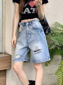 女式腰带设计破洞喇叭裤九分牛仔裤 - 藍色 - 查看 4