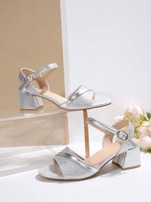 Sandálias plataforma peep toe com tira brilhante (1 par), modelo slide com salto grosso em blocos de cores, confortáveis, respiráveis e elegantes, perfeitas para adolescentes e como presente de Halloween. - Prata - Ver 5