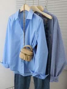 Plain Button-Up Casual Long Sleeve Shirt, Suitable For Daily Wear In Autumn - Blue - View 2