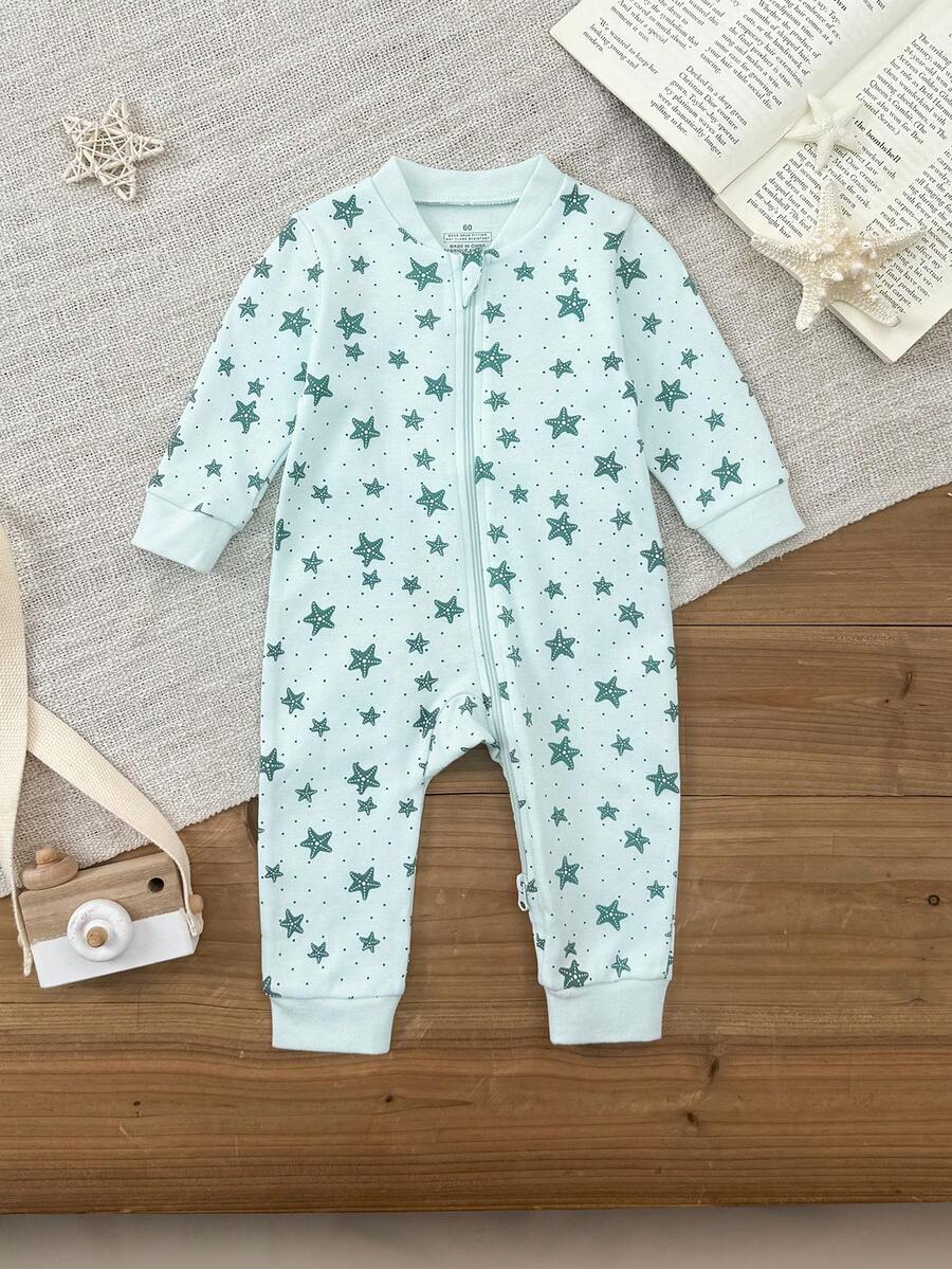 1 Pc Baby Boys 0-24 Months  Two Way Zipper Striped Print Jumpsuits Fall Winter - Green - View 1