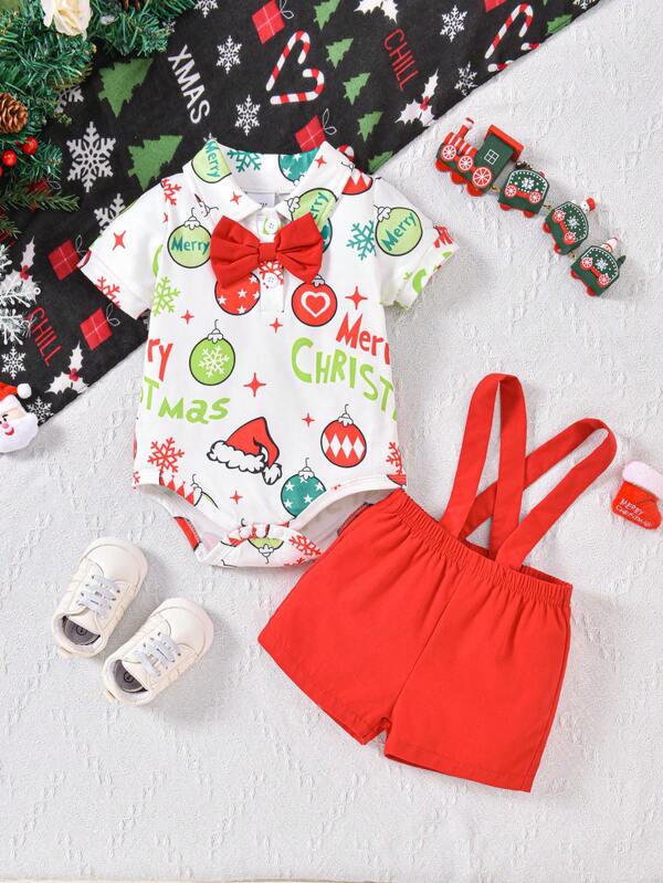 2pcs Baby Boys/Girls Christmas Party Outfit Short Sleeve Shirt Collar Romper Bib Shorts Set