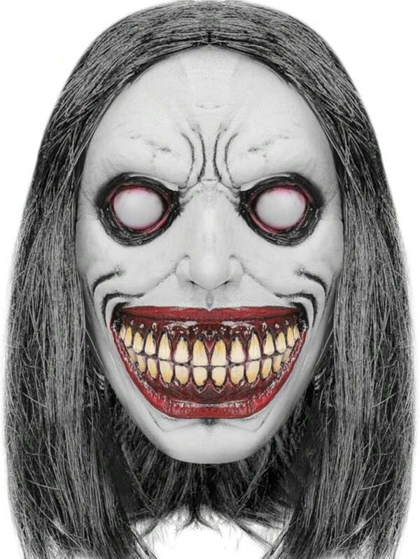 Maschera spaventosa di Ognissanti, maschera da demone sorridente, maschera da esorcista realistica e inquietante con capelli, costume da malvagio, accessorio per feste e cosplay per adulti, costumi e accessori per Ognissanti.