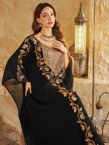 Women's Loose Diamond Grid Knitted Fabric Beaded Embroidered Dress - Black - View 4