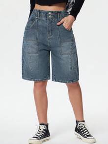 Womens Jorts Denim Shorts Y2k Vintage Baggy Mid Rise Bermuda Jeans Summer Knee Length Jort Short Pants - 藍色 - 查看 4