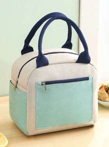 1 pieza Bolsa de almuerzo con capacidad grande y bloques de color para estudiantes - Diseño de tela Oxford portátil, revestimiento de aluminio grueso, fácil de llevar, mantiene la comida caliente y fría, adecuado para viajes al aire libre, estilos masculinos y femeninos, sin contacto con los alimentos, bolsa de almuerzo aislada, esencial para volver a la escuela
