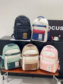 大容量轻便字母贴片粉色经典背包学院风可爱背包带别针和卡通熊适合青少年女大学生，适合学校，初中，高中女大学生，白领，新手和白领，非常适合返校，开学第一天，大学，工作，商务，通勤，购物，度假，街头和日式风格女士包