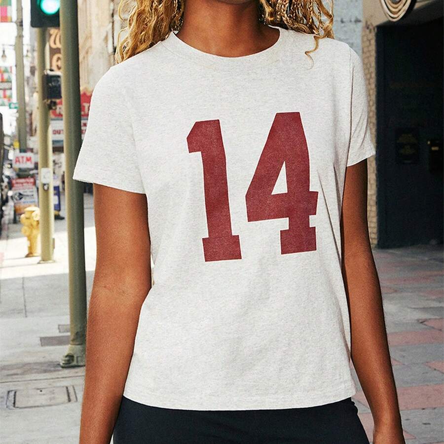 Women's Summer Casual Tops Short Sleeve Number Print Round Neck Loose Fit T-Shirt - 白色 - 查看 1