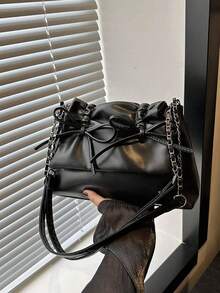 蝴蝶结装饰 1 件黑色抽绳褶蝴蝶结装饰 Pu Mate Rial 翻盖拉链单肩包，配有可调节肩带，适合日常通勤装使用，时尚蝴蝶结钱包，适合女士