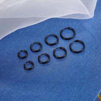 3 Pairs Stainless Steel Black & Silver Hoop Earrings, Handpolished Earring Set For Women